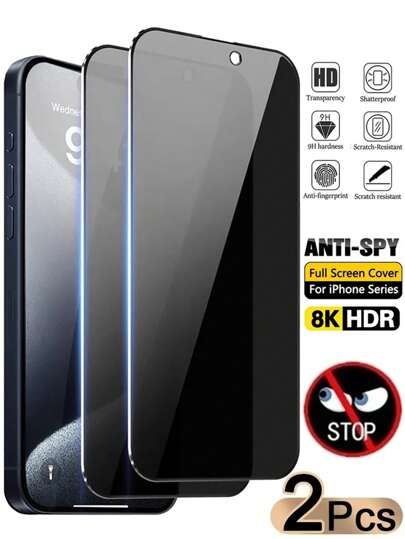 2Pcs Privacy Protection Full Screen Tempered Glass Protector Protect With Black Edge Silk Screen Anti Peeping Full Screen Phone Protective Film Compatible With IPhone 16 15 14 13 12 11 Pro Max XS X XR 6 7 8 16 15 14 Plus 12 13 Mini Clear Protective Cover Glass Film Gift For Birthday, Family, Friends Anti-Spy, Phone Screen Protector, Phone Accessories Waterproof Shockproof Anti-Fall Anti-Fall Scratch Resistant Anti-Fingerprint