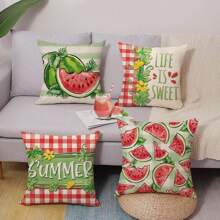 4 件装夏季西瓜装饰枕套，生活甜蜜红绿格纹门廊户外家居装饰，花卉农舍季节性沙发靠垫套，单面无枕芯 - 彩色 - 查看 6