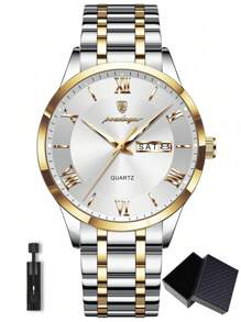 1 pieza Reloj de pulsera de cuarzo de acero inoxidable dorado con estilo de negocios para hombres, con calendario de semana y doble pantalla, resistente al agua 30M, función de manecillas luminosas, reloj casual para hombres con estuche, juego de regalo para hombres