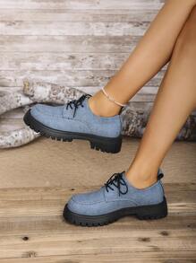 大码女式黑色厚底鞋 41 42 43，英式厚底 JK 制服鞋，学院防滑增高乐福鞋高跟鞋 - 藍色 - 查看 5