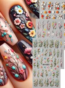 Stickers d'art pour ongles 5D en relief avec bouquet de fleurs de marguerite rose rêveuses, feuille de vigne verte et fleur à cinq pétales épanouissante et rose. Décorations de charms et fournitures pour manucure DIY