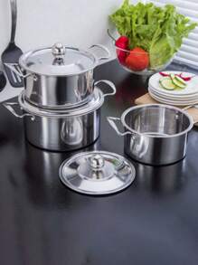3 Piezas Batería de Cocina de Acero Inoxidable de , Batería de Cocina de Acero Inoxidable de Doble Asa, Batería de Cocina con Tapa, Placa de Inducción, Utensilios de Cocina, Olla de acero inoxidable ﻿ - Plateado - Ver 5
