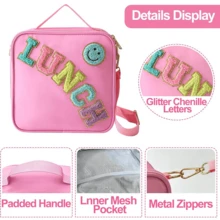 1 件刺绣字母和笑脸户外保温午餐手提袋，便携式食物野餐冷藏袋