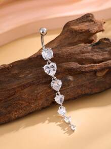 1pc Stainless Steel Belly Button Ring With Long Pendant, 6pcs Heart CZ Inlay, Piercing Jewelry For Women