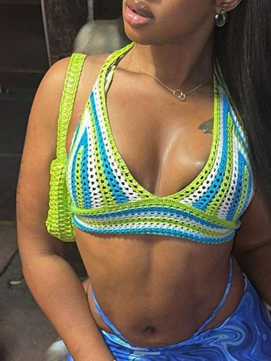 夏季新款女士沙滩装性感音乐节撞色针织衬衫吊带胸罩海滩度假风辣妹泳衣上衣