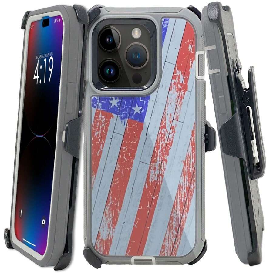 Rugged Shockproof Defender Phone Case Compatible With IPhone 17 / 16 / 15 / 14 / 13 / 12 / 11 / Plus / Pro / Pro Max / With Belt Clip - 美國國旗 - 查看 1