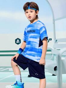 ASK JUNIOR 青少年男孩运动服，轻质速干撞色 T 恤和宽松短裤两件套，适合大孩子夏季