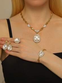 5pcs Women's Copper Alloy Rhinestone Jewelry Set, Wedding Accessories