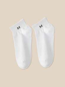 5 Pairs Of Solid Color With Letter M,White Short Tube Socks, Low Cut Ankle Socks, Breathable And Sweat Absorbing, Suitable For Both Men And Women, Suitable For Spring, Summer/All Seasons, Suitable For Sports, Home, Leisure, Suitable For Everyone, Gray, Black, White, Charcoal Gray, Dark Gray - White - View 4