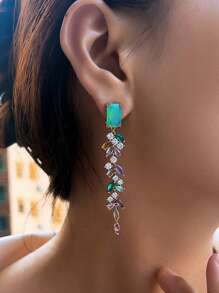 1 Pair Beautiful Multi-Color Cubic Zirconia Tassel Drop Leaf Shaped Long Dangle Earrings For Women, Gorgeous Wedding, Engagement, Pageant Jewelry