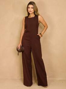 Elegant Linen Pantaloon Jumpsuit Wide Legs And Discreet Pockets - Rust Brown - View 1
