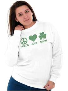 BRISCO BRANDS St Patrick's Day Womens Graphic Fleece Lined Crewneck Pullover Sweatshirt Saint Paddy's Day Peace Love Irish Lucky Four Leaf Clover Shamrock Ladies Casual Loose Fit Fashion Cotton Printed Thermal Lined Jumper - 白色 - 查看 1