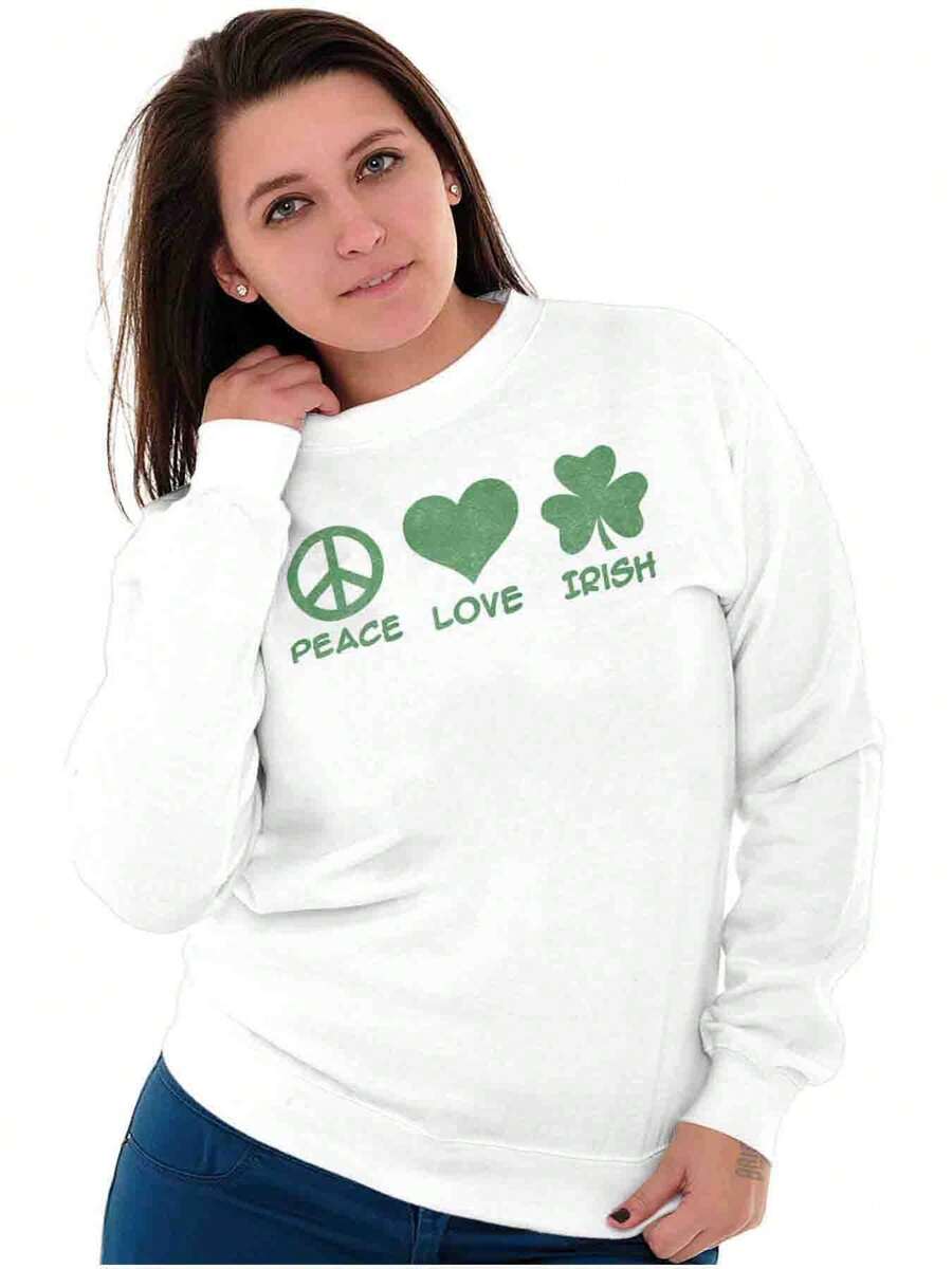 BRISCO BRANDS St Patrick's Day Womens Graphic Fleece Lined Crewneck Pullover Sweatshirt Saint Paddy's Day Peace Love Irish Lucky Four Leaf Clover Shamrock Ladies Casual Loose Fit Fashion Cotton Printed Thermal Lined Jumper - 白色 - 查看 1