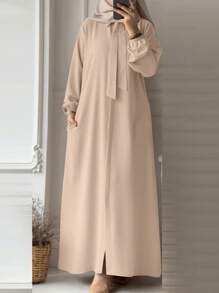 Women's Plain Color Long Sleeve Abaya, Simple & Fashionable, Suitable For Summer, Modest Kaftan - Apricot - View 1