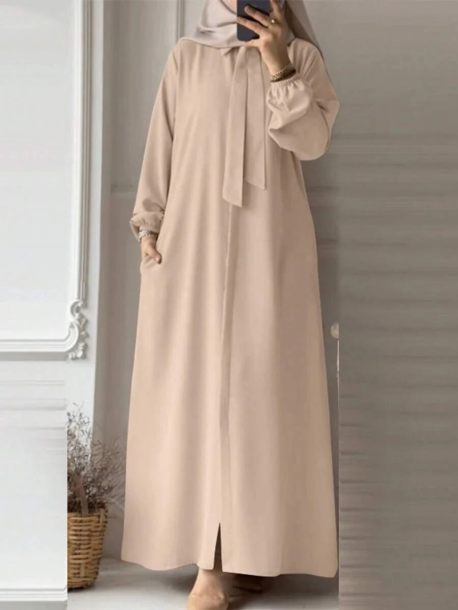 Women's Plain Color Long Sleeve Abaya, Simple & Fashionable, Suitable For Summer, Modest Kaftan - Apricot - View 1