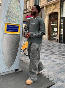 Men's Fashionable Casual Pocket Embossed Pants, Young Street Style College Sports Loose Straight Wide Leg Versatile Denim Jeans