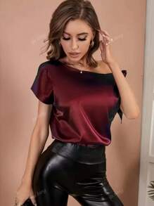 Camicetta elegante a maniche corte in tinta unita, con spalla in pendenza e laccio laterale, per primavera ed estate, abbigliamento da donna