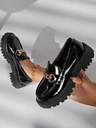 Women's 2024 Spring Platform Loafers, British Style Thick Sole Casual Flat Shoes, PU Buckle Closure, Anti-Slip Durable Slip-On Mary Jane Shoes