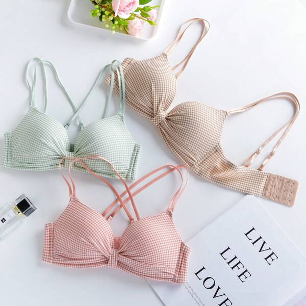 Conjunto de tres piezas - Sujetador sin aros, sin costuras, cómodo y a cuadros para estudiantes de secundaria, con diseño recogido en el pecho, de estilo dulce y lindo para niñas.