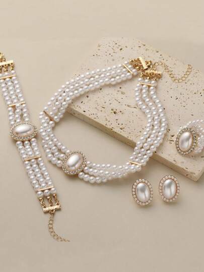 مجموعة 5 قطع من الحلي المكونة من سلسلة عنق، سوار، وأقراط من سبائك معدنية عتيقة راقية، منفذة على طبقات متعددة مزينة باللؤلؤ والراين كاملة، مجموعة مجوهرات نسائية فاخرة