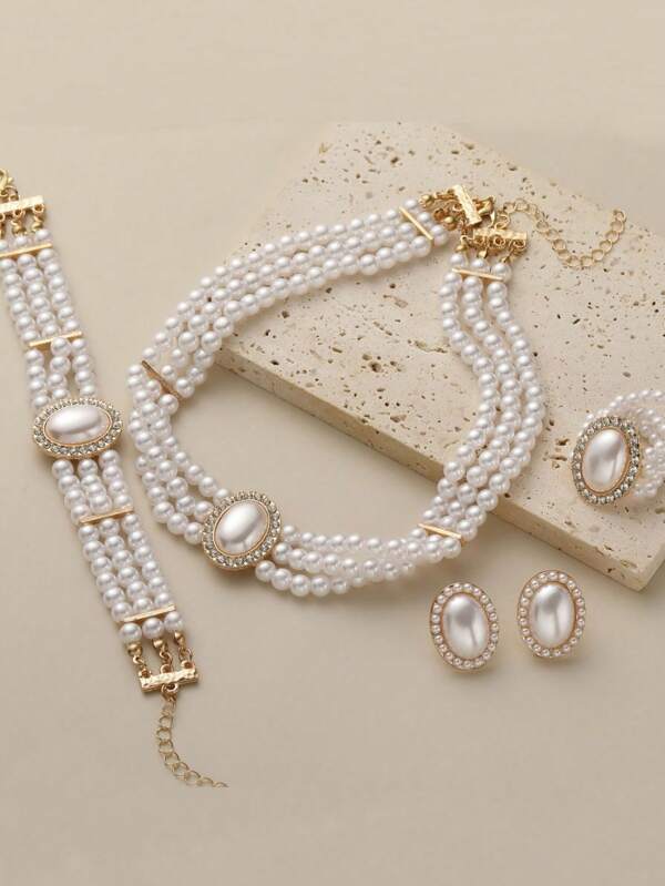 5pcs Set Vintage Elegant High-End Alloy Pearl & Full Rhinestone Multi-Layer Necklace, Bracelet, Earrings Women Jewelry Set