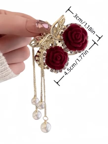 1pc Women's Elegant Red Rose Tassel Crystal Hair Claw Clip, Ideal Gift Hair Clips Hair Jaw Clip Hair Clamps Hair Clutch Hair Catcher Clip