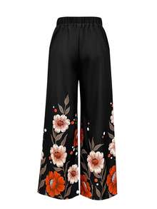 女士宽松花卉印花休闲裤，春夏度假高腰裤 - 黑色 - 查看 2