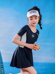 2-In-1 Girls Sports Romper With Letter Print, Solid Color Placement Print Short Sleeve, Brief Lining,Elastic, Breathable, Slimming Design, Suitable For Spring/Summer, Beach, Party, Swimming, Surfing, And Sun Protection