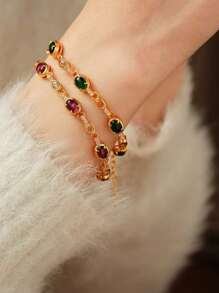 1 件复古方晶锆石 24k 镀金椭圆形手链，奢华优雅的设计适合日常佩戴和场合