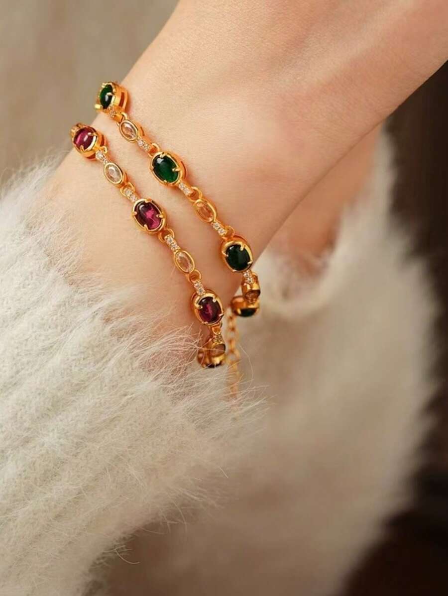 1 件复古方晶锆石 24k 镀金椭圆形手链，奢华优雅的设计适合日常佩戴和场合