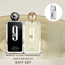 Bundle Of  9AM &Amp;  9PM Cologne For Men 3.4oz Each De Perfume 1 Empty Travel Refillable Bottle &Amp; 4 Car Freshener Cards In A Satin Gift Bag - Black and White - View 2
