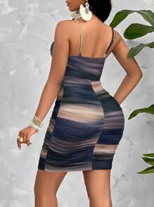 AIJ Amarilo Twist Tie-Dye Print Cami Ruched Bodycon Dress (Random Floral Pattern) - Dark Purple - View 3