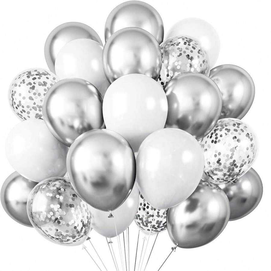 24 件/套 10 英寸优雅白色、金属银色和闪亮银箔气球，适用于婚礼装饰、生日派对装饰、房间装饰、单身派对和其他活动 - 銀白色 - 查看 1