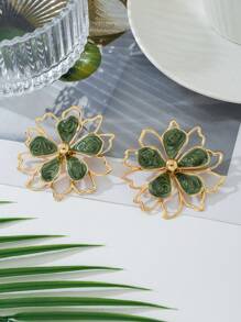 1 对个性化镂空双层绿油滴花耳环，适合女士 - 綠色 - 查看 2