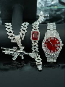 1 Set Men's Personalized Alloy Rhinestone Embellished Rifle Pendant Necklace, Gemstone Bracelet, Watch, European & American Stylish Hip-Hop Accessory, High-End Gift Box - Gun Set - View 24