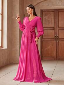 Vestido maxi de mujer con cuello en V, mangas farol y decoración floral 3D en un solo color, vestido elegante de dama de honor