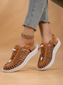 Black Handmade Woven Summer Sandals For Women, Comfortable Casual Walking Shoes, Closed Toe Breathable Slides, Plus Size Ladies Beach Shoes