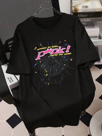 Camiseta de manga corta informal y sencilla con estampado de telaraña rosa para niños y niñas preadolescentes, apta para el verano