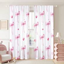 2pcs Set Pink Bow Print Light Filtering Curtains - Rod Pocket Design For Easy Hanging, Perfect For Bedroom, Living Room, Office Decor, Curtains For Living Room