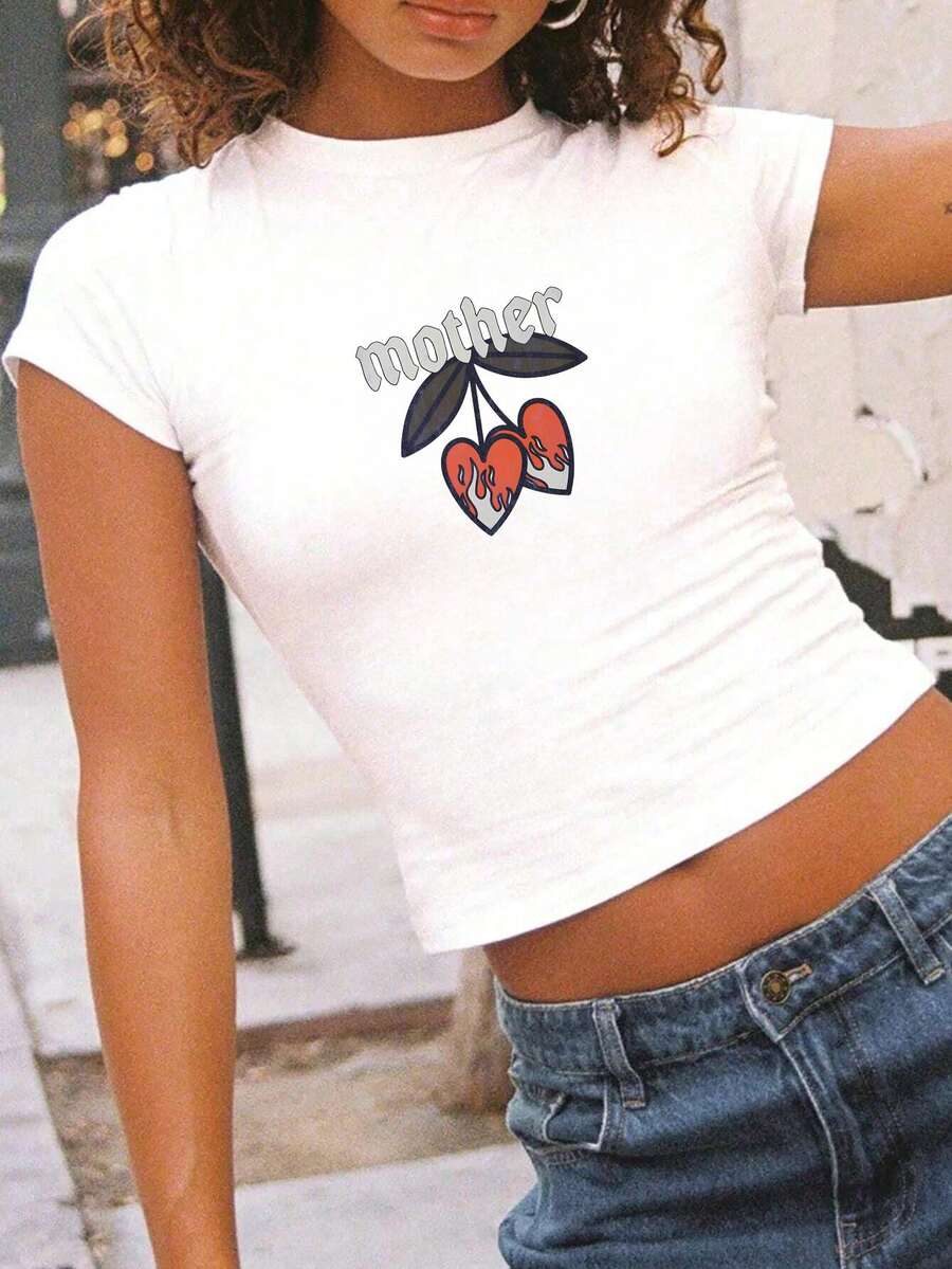 女式 Y2k Hot Girl 夏季卡通字母樱桃印花休闲圆领短袖 T 恤上衣短款上衣