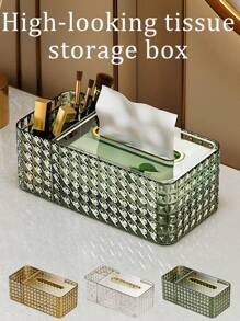 1 szt. Wielofunkcyjny dozownik chusteczek na biurko, plastikowe pudełko do przechowywania chusteczek, organizer na kosmetyki do biżuterii ze wbudowaną sprężyną na chusteczki, pilot zdalnego sterowania, odpowiedni do salonu, gabinetu, stołu jadalnego, sypialni, łazienki, toaletki, biura, niezbędny do organizacji chusteczek i biurka, świetny prezent