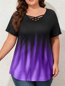 Plus Size Women Ombre Open Shoulder Short Sleeve T-Shirt - Purple - View 3