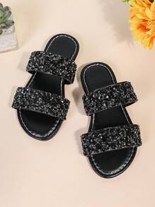1 Pair Black Plus Size Toddler Girls' Flat Sandals, Solid Color PU Adjustable Buckle Strap, Round Toe, Non-Slip, Cute Roman Casual Slippers Suitable For 3-15 Years Old Kids, Spring/Summer New Arrival 2025