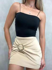 Short Skirt With Thick Fabric Organic Buckle Neoprene Fabric 2025 - Màu be - Xem 2