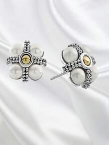 1 对复古优雅简约珍珠不锈钢耳钉，适合女性日常佩戴，送给恋人、家人和朋友的礼物，迷人耳环 - 彩色 - 查看 2