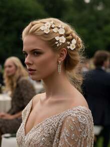 4 件装新款陶瓷花白色碎花发叉发插新娘头饰欧式简约珍珠点缀配饰 - 金色 - 查看 12