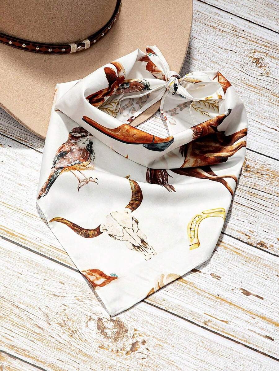 1pc Women's Fashion Bandana With Bull Head, Equestrian & Western Pattern, Multi-Functional Polyester Neckerchief Accessory Suitable For Daily Stylish Outfits For Dress - White - View 1