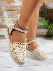 2025 Summer New Women's Beige Linen Mesh Hollow Wedge Thick Bottom Non-Slip Lightweight PU Sole Wrapped Comfortable Linen Lining Fashion Round Toe Cute Increased Height Shoes - Beige - View 5