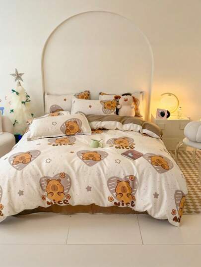 3/4pcs Puppy Print Children's Down Duvet Cover Set, Khaki Double-Sided Duvet Cover + Pillowcase + Bed Sheet Set, Skin-Friendly And Comfortable Children's Bedding, Suitable For Children's Rooms And Dormitories, Available For Drivers