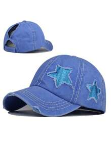 1pc Women Embroidered Five-Pointed Star Washed Ponytail Ripped Baseball Cap, Adjustable Outdoor Sun Hat Suitable For Spring, Autumn, Travel, Beach, Vacation, Also Fits Men, Y2K Style
